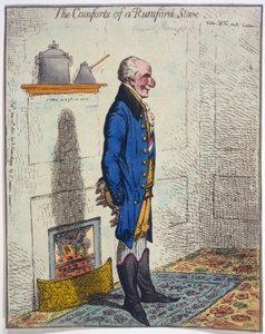 The Comforts of a Rumford Stove, pub. 1800 (håndfarvet gravering)